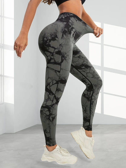 Women's tie-dye high-waist yoga sweatpants tummy control high-elastic fitness running sports leggings sportswear