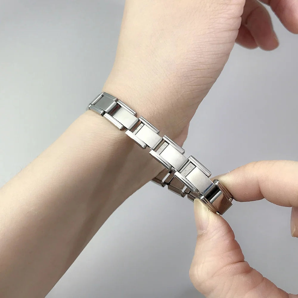 Pulsera GEMOSA de acero inoxidable con dijes italianos de 9 mm de ancho, cadena de eslabones elásticos, joyería DIY de alta calidad.