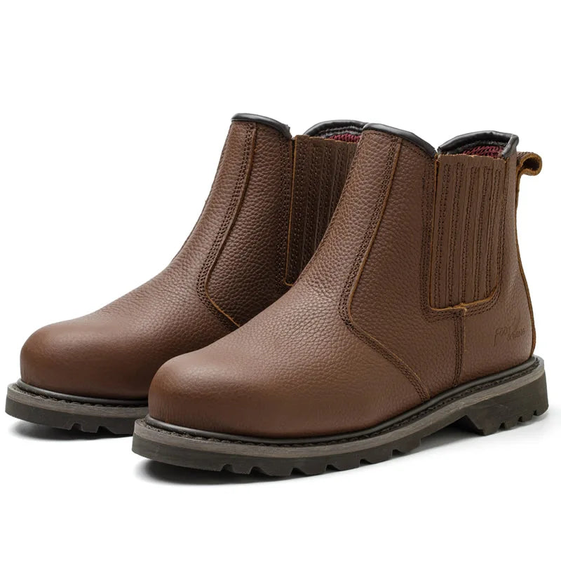 Botas de seguridad de cuero genuino para hombre. Botas protectoras indestructibles Goodyear para soldador con puntera de acero.