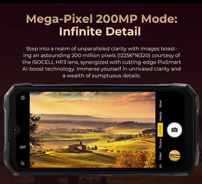 Teléfono móvil resistente HOTWAV Hyper 7 Pro 5G con cámara de 200 MP, Android 14, pantalla FHD+ de 6,6" a 120 Hz, 36 GB (16+20) de almacenamiento interno, 256 GB de almacenamiento externo, batería de 10800 mAh y carga rápida de 33 W.