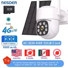 Cámara solar BESDER 4G con tarjeta SIM, 4MP, AOV, grabación de vídeo 24/7, batería de 9000mAh, detección humana, cámara IP de videovigilancia iCSee