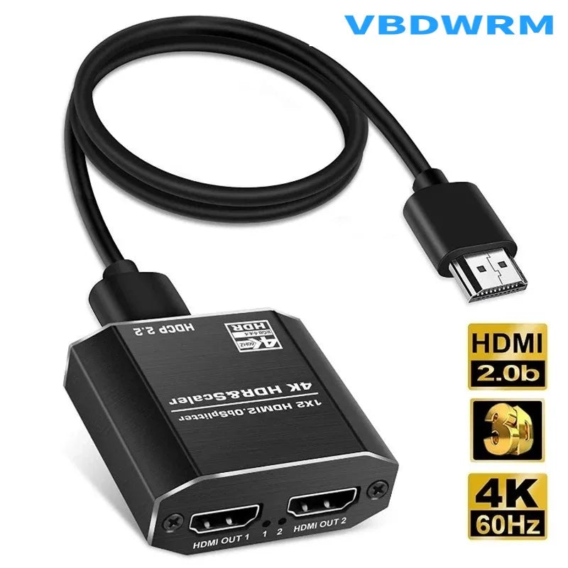 Conecta 1 señal a 2 pantallas HDMI 4K a 60 Hz. Divisor HDMI 1 entrada, 2 salidas con cable HDMI de alta velocidad escalar compatible con HDCP 2.2.