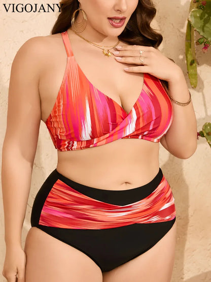 VigoJany 2025 Print Strapped 2 Piece Plus Size Bikini Set Women Cross Push UP Swimsuit High Waist Brazilian Lady Bathing Suit