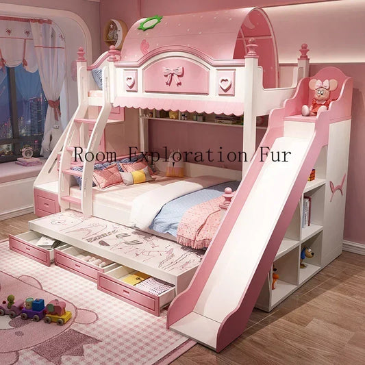 Cama infantil de madera para madres y niñas, edredones para bebés, cunas familiares, loft bajo, rosa, corrales para recién nacidos, litera para niños