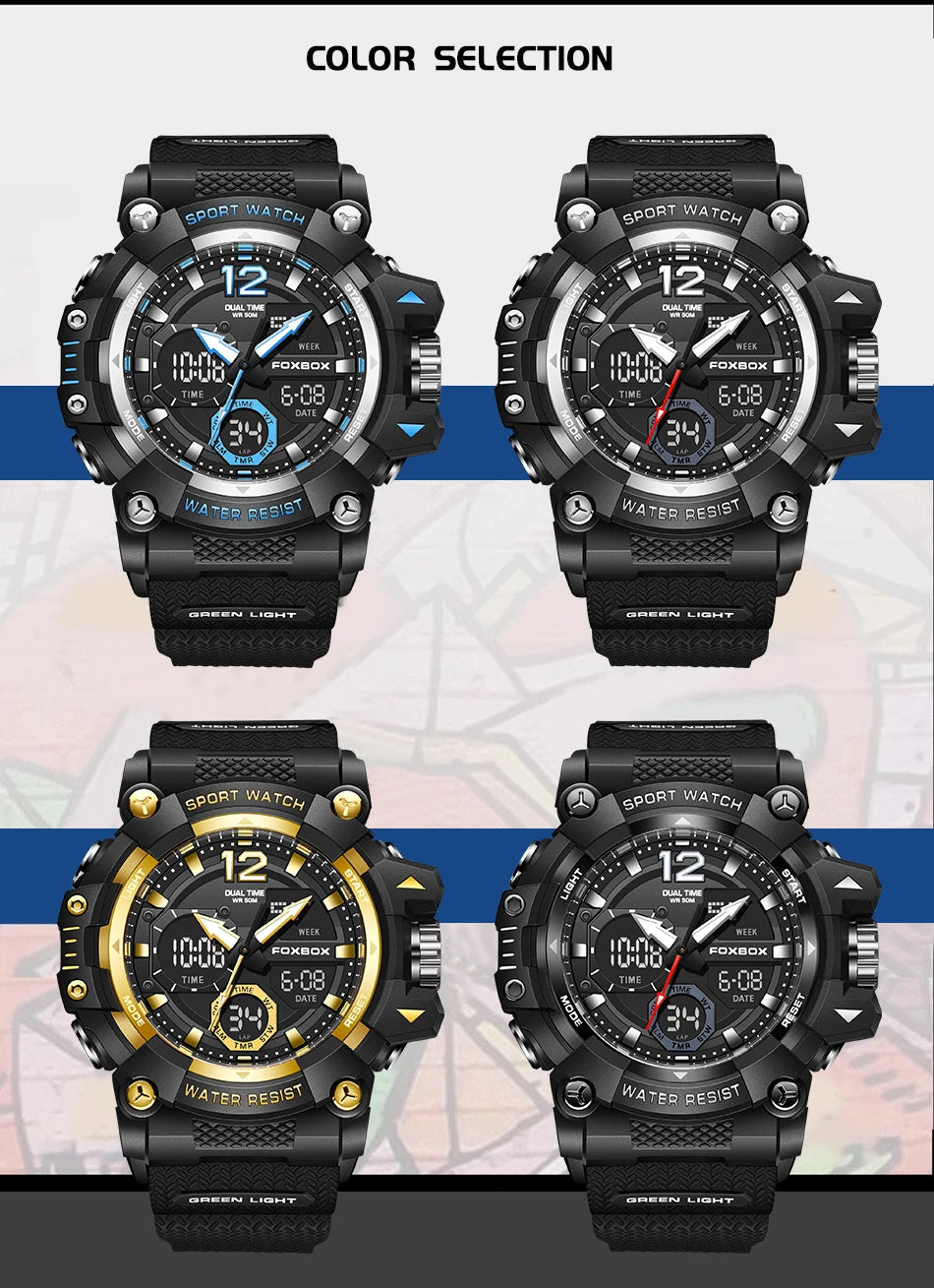 Relojes de pulsera para hombre con pantalla LED de lujo FOXBOX, deportivos, luminosos, impermeables, militares, de cuarzo, para hombre, Relogios Masculino + Caja