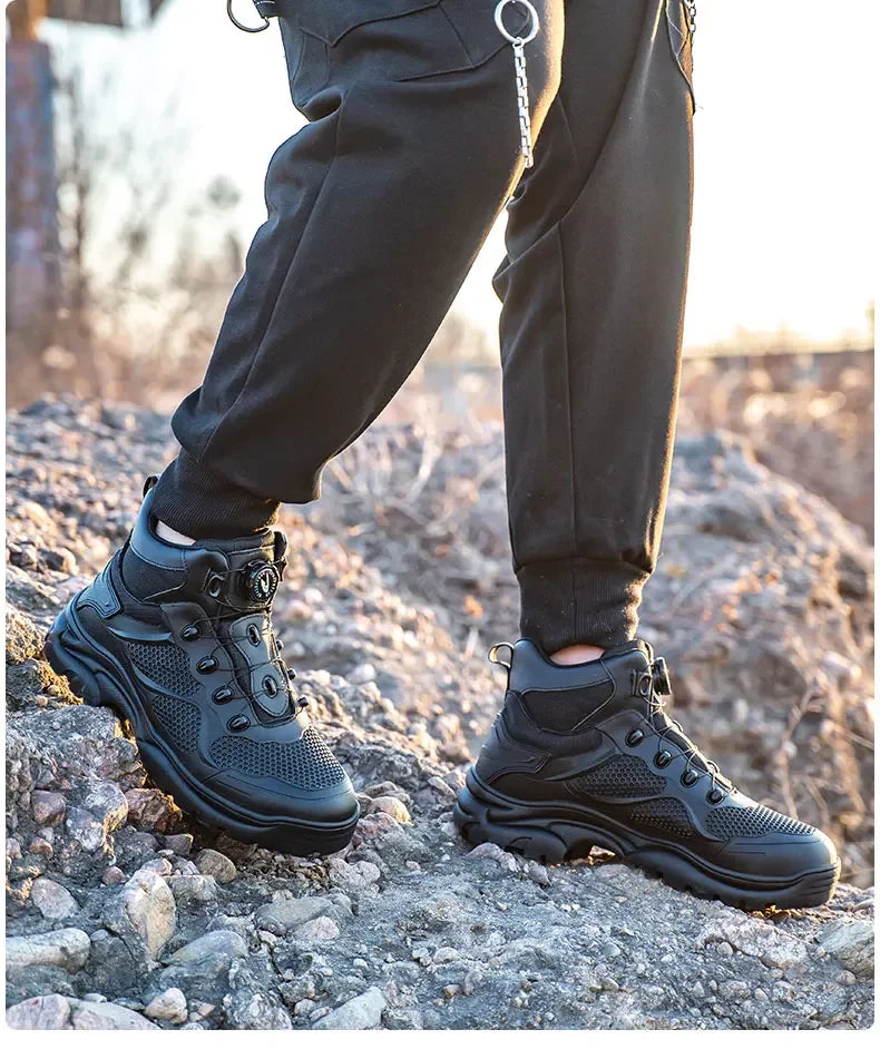 Botas de trabajo con hebilla giratoria, zapatos de seguridad con punta de acero, zapatos de seguridad transpirables para hombre, zapatos indestructibles de marca, zapatos de trabajo a prueba de pinchazos.