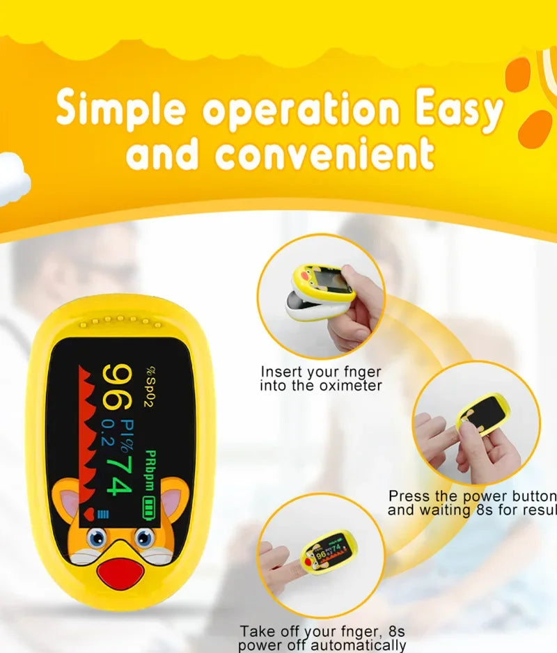 Oxímetro pediátrico USB, monitor de oxígeno en sangre de dedo para niños, oxímetro de pulso OLED, oxímetro digital para uso médico en el hogar.