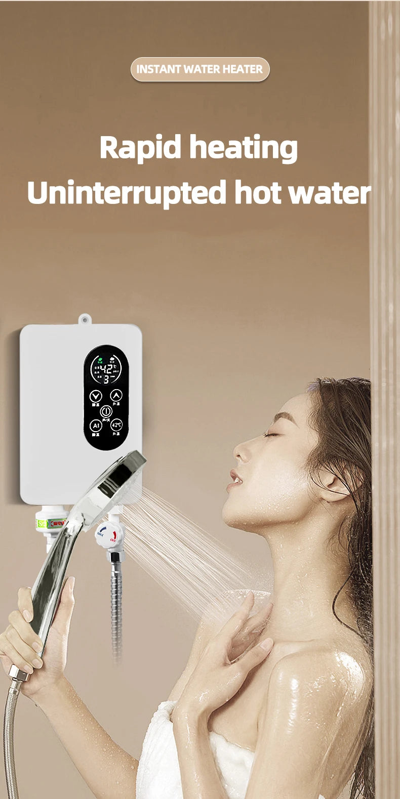 Calentador de agua instantáneo inteligente de pared con ducha eléctrica sin tanque y calentamiento rápido. Termostato para baño y cocina. 110V/220V