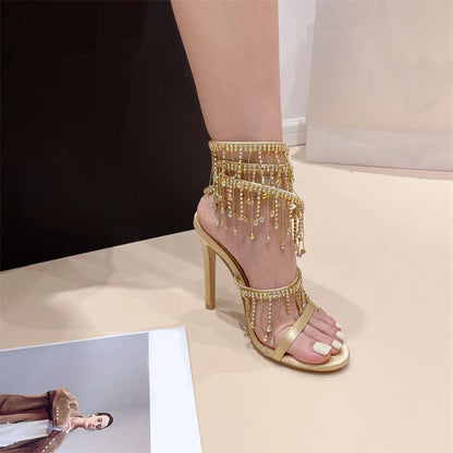Liyke - Elegantes zapatos de boda para mujer, con borlas de cristal, sandalias de tacón de aguja con punta abierta y tacones de stripper dorados