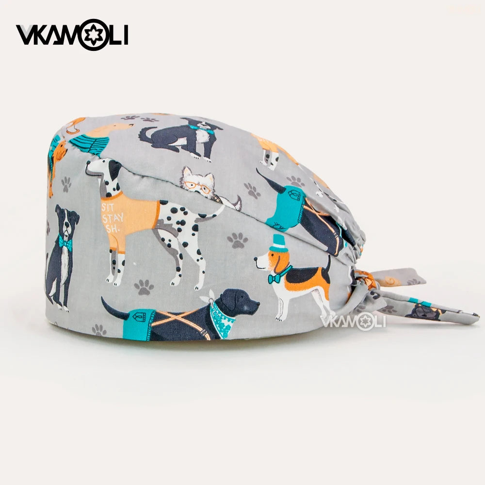 Gorro quirúrgico de algodón con estampado de dibujos animados multicolor para peluquería de mascotas, ajustable, para salón de belleza, enfermería, médico y enfermera.