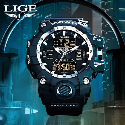 LIGE Reloj Original para Hombre, Reloj de Pulsera Deportivo Militar de Moda con Cronógrafo de Cuarzo, Relojes de Lujo con Doble Pantalla LED y Calendario para Hombre