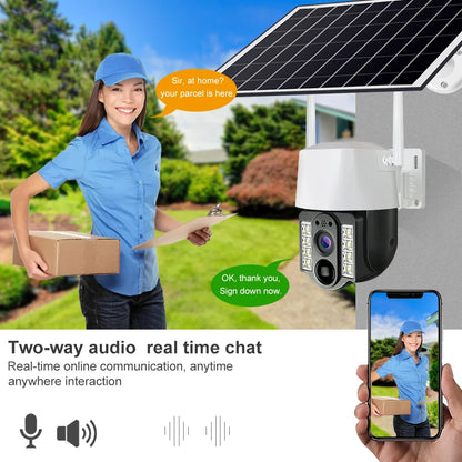 Cámara solar WiFi V380 Pro con zoom 10X, doble lente, resistente al agua, para exteriores, con protección IP, detección humana PIR y sistema de videovigilancia.