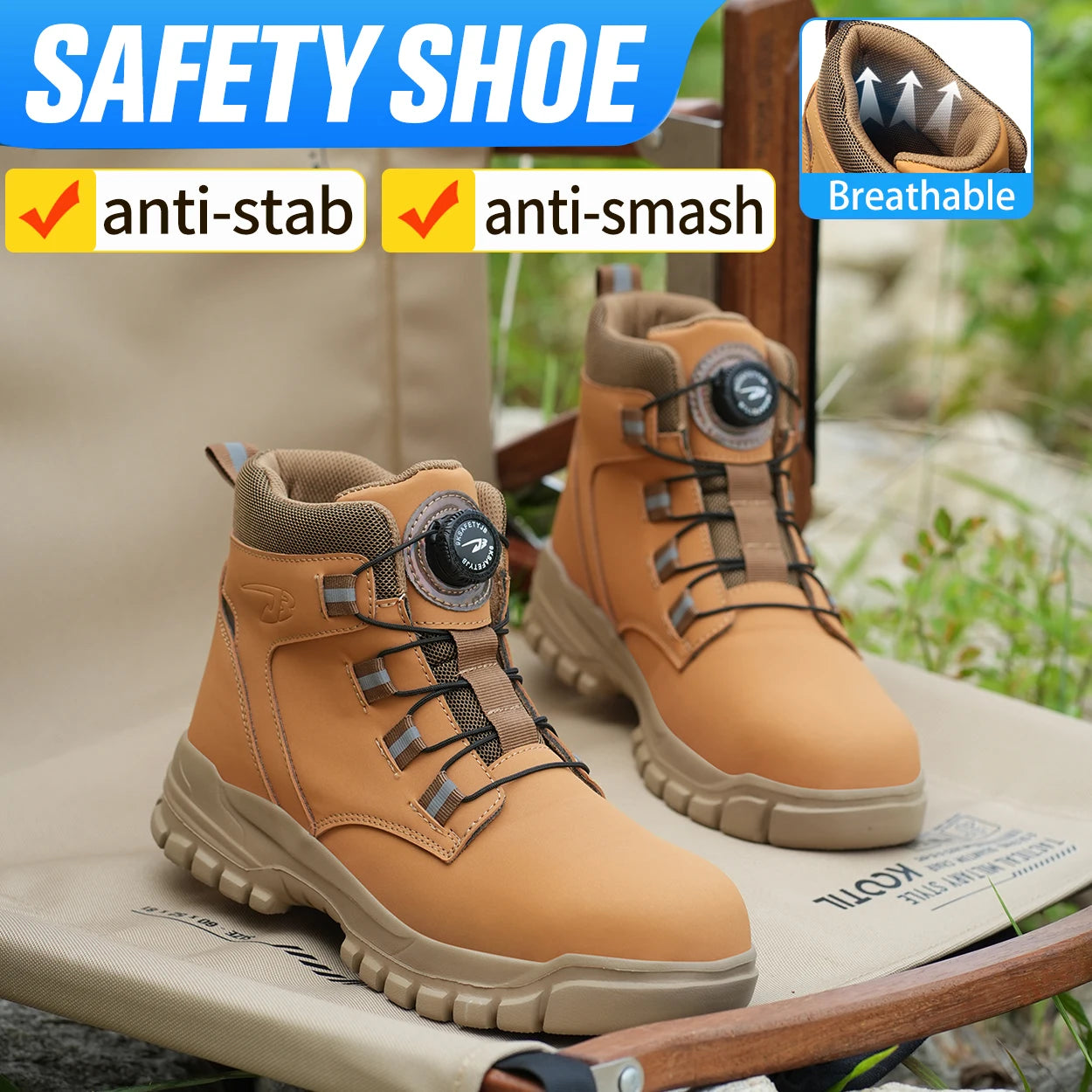 Zapatos de seguridad para hombre con botón giratorio, puntera de acero, zapatillas antideslizantes, zapatos de trabajo, botas de seguridad protectoras a prueba de perforaciones.