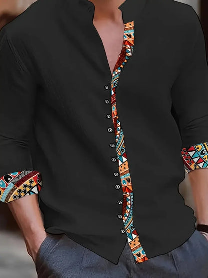 Nueva camisa de lino para hombre, con botones, patrón de tendencia de moda, corte ajustado, cómoda y suave, nueva marca retro.