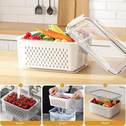 Juego de contenedores de almacenamiento de alimentos para refrigerador con tapas y colador, organizador de plástico para productos frescos, verduras, frutas y carne.