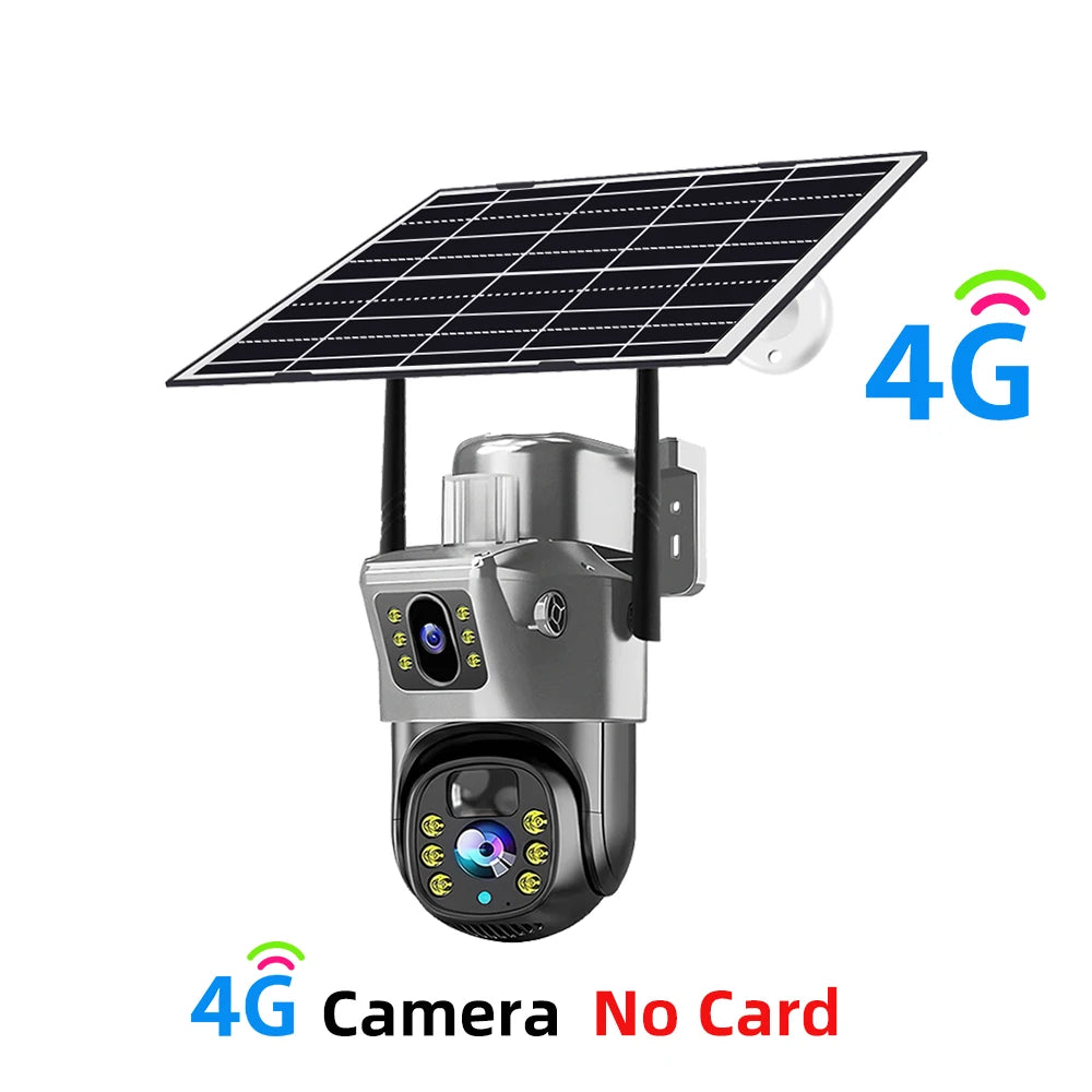 Cámara de seguridad CCTV V380 Pro 4K 8MP con 2 lentes, WiFi 4G, energía solar, visión nocturna PIR para exteriores, IP66, batería de bajo consumo.