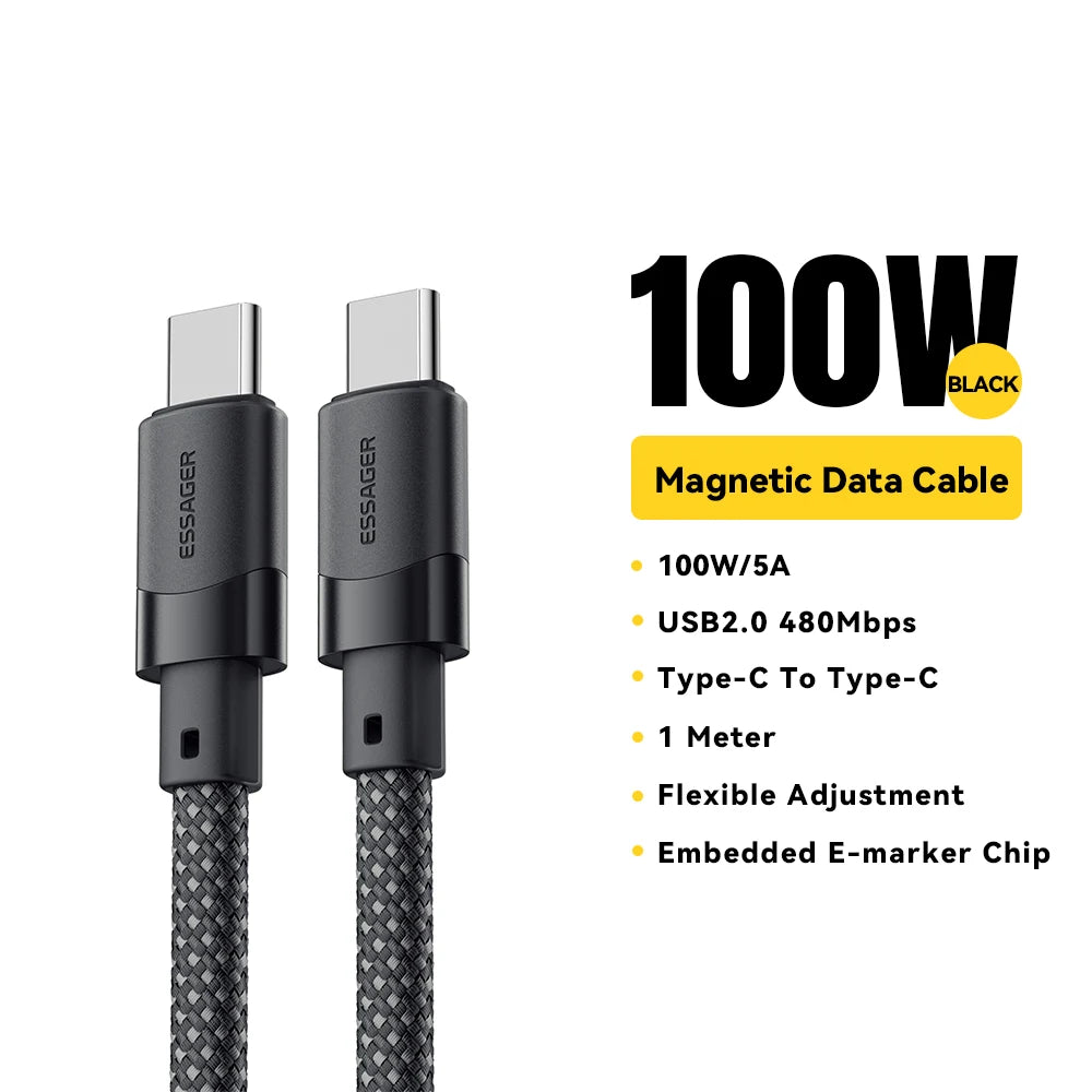 Cable de carga rápida USB-C a C Essager PD de 100 W con succión magnética y antienrollamiento para iPhone 15, portátil y Samsung.