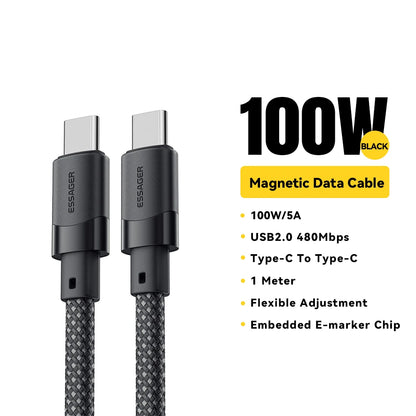 Cable de carga rápida USB-C a C Essager PD de 100 W con succión magnética y antienrollamiento para iPhone 15, portátil y Samsung.