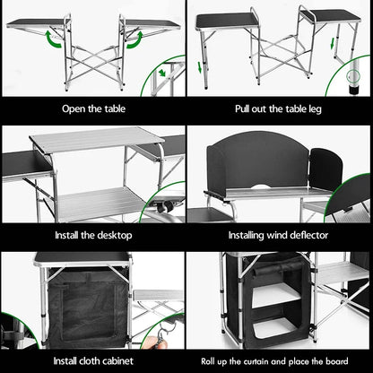Mesa plegable para acampar al aire libre con gran organizador de almacenamiento, cocina ligera de aluminio para acampar con bolsa de transporte