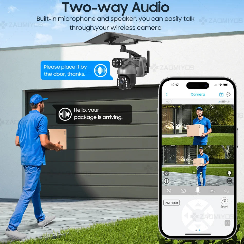 Cámara de seguridad exterior con zoom óptico de 10 MP y 50x, doble lente, SIM 4G, energía solar, Wi-Fi, PTZ, detección humana, grabación y visión nocturna. 10 MP, zoom óptico de 50x, doble lente, 4G, SIM, solar.