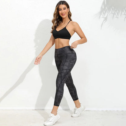 Leggings de yoga para mujer con bolsillos, cintura alta, compresión, entrenamiento, correr, gimnasio, estampado.