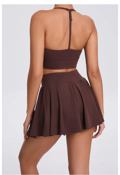 Conjunto de yoga para mujer, sujetador deportivo para exteriores, falda de tenis antiexposición, camiseta sin mangas de yoga transpirable de secado rápido, novedad de 2025