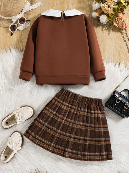 Ropa infantil para primavera y otoño, moda para niñas, lindo conjunto de color liso, top de manga larga con solapa + falda plisada a cuadros dos