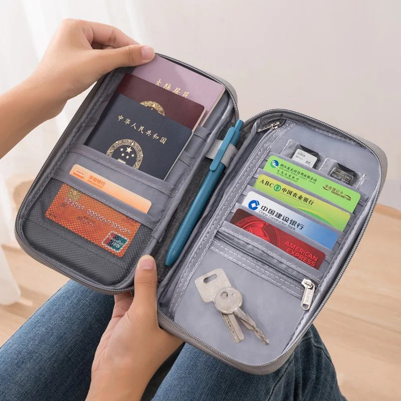 Organizador de documentos de viaje: porta pasaporte impermeable con bloqueo RFID, ranuras para múltiples tarjetas y bolsillo con cremallera para avión/tren.