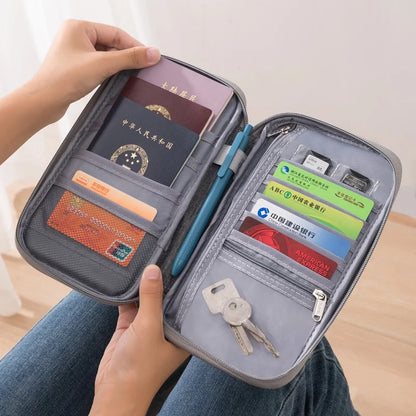 Organizador de documentos de viaje: porta pasaporte impermeable con bloqueo RFID, ranuras para múltiples tarjetas y bolsillo con cremallera para avión/tren.