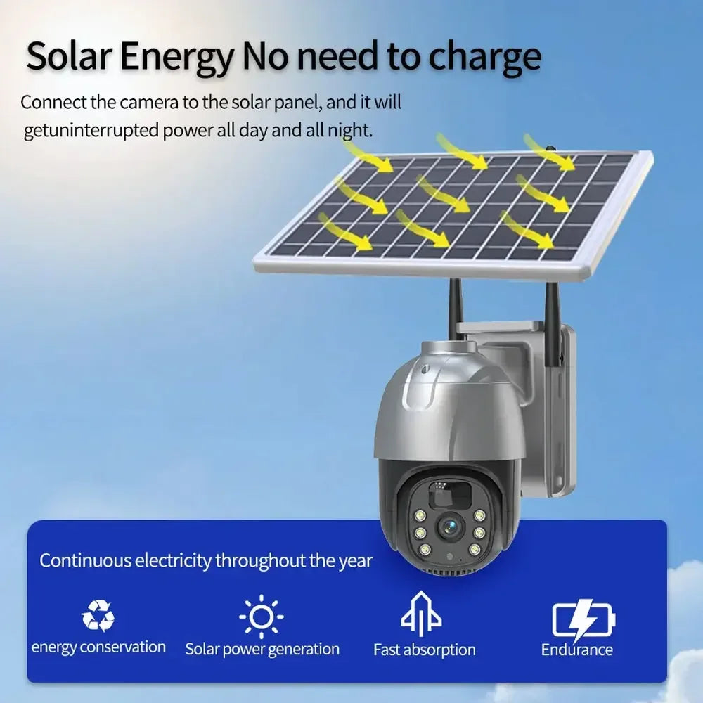 Cámara IP PTZ solar EseeCloud de 5 MP con WiFi, batería integrada, detección PIR, videovigilancia y audio bidireccional para seguridad exterior.