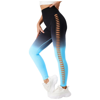 Womens Hip Tight Yoga Pants High Waist Side Hollowed-Out Mesh Design Exercise Yoga Leggings Running Gym Fitness