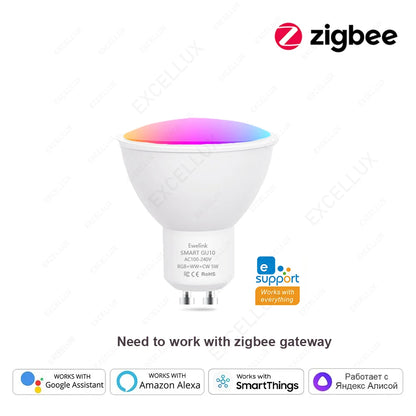 Bombillas LED inteligentes ZigBee GU10 WiFi RGB W+C 5W regulables con control por app. Compatibles con Alexa, Google y Alice Hub.