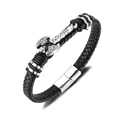 Pulsera de cuero con colgante de hacha para hombre: pulsera de cuero trenzado con acero inoxidable y titanio, estilo urbano audaz.