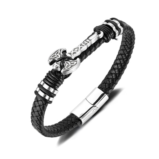 Pulsera de cuero con colgante de hacha para hombre: pulsera de cuero trenzado con acero inoxidable y titanio, estilo urbano audaz.