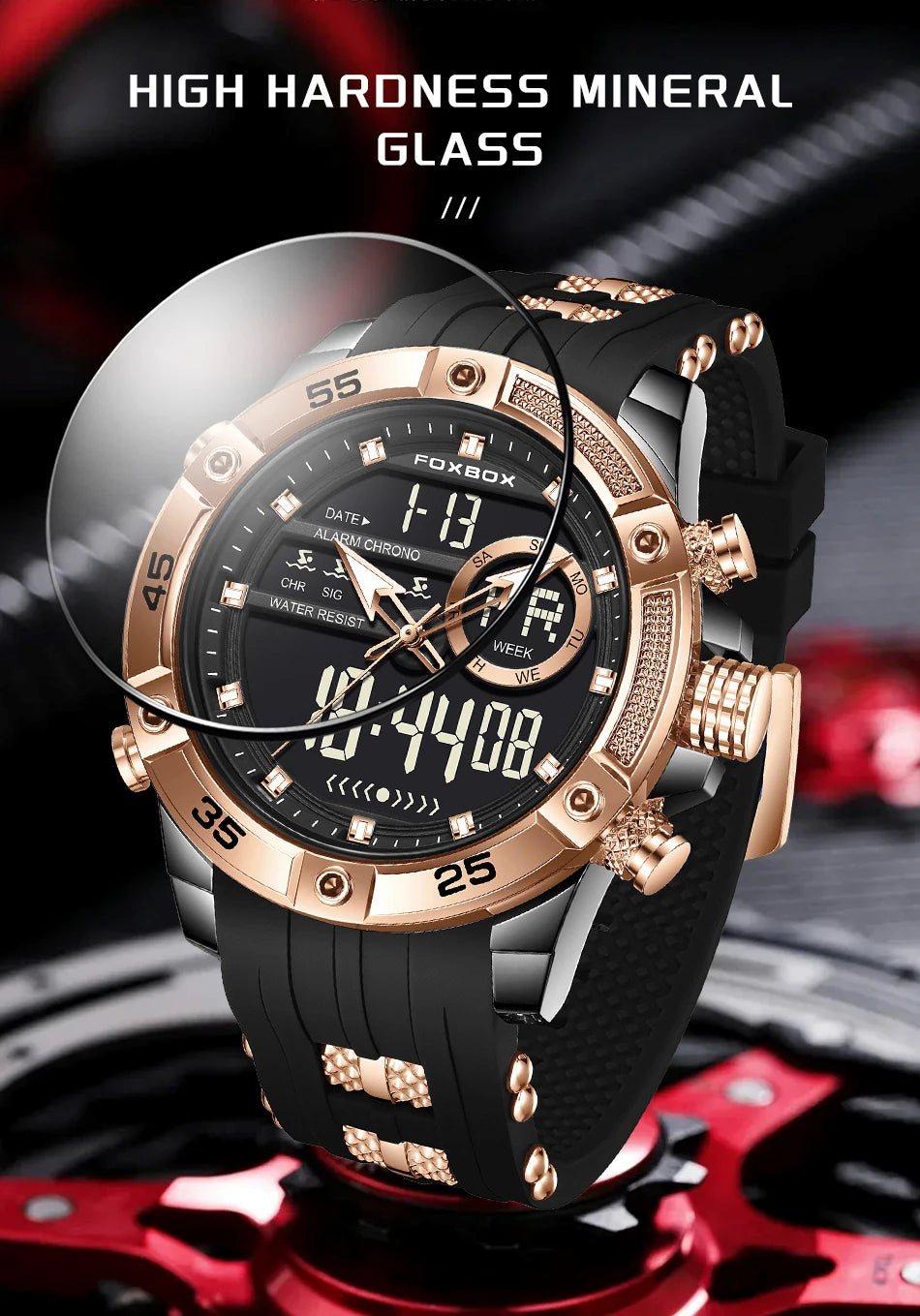 Reloj de pulsera de cuarzo de lujo FOXBOX para hombre, deportivo, impermeable, con doble pantalla, LED digital militar, de acero, para negocios + caja.