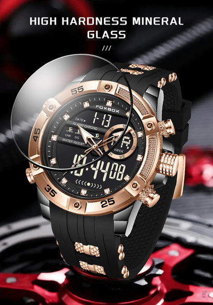 Reloj de pulsera de cuarzo de lujo FOXBOX para hombre, deportivo, impermeable, con doble pantalla, LED digital militar, de acero, para negocios + caja.