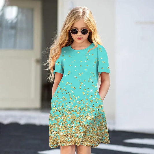 Ropa infantil Destacados Vestido de manga corta Cuello redondo Hasta la rodilla Bolsillo Moda