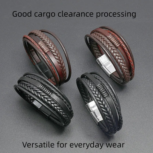 Pulseras de cuero de moda para hombre, pulseras de cuerda trenzada multicapa, pulseras masculinas, joyería, pulsera para hombre
