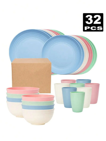 Juego de cubiertos de plástico reutilizables de 4/16/32 piezas, plato de cena/plato de postre/tazón de cereal/taza, para el hogar, fiesta de cumpleaños