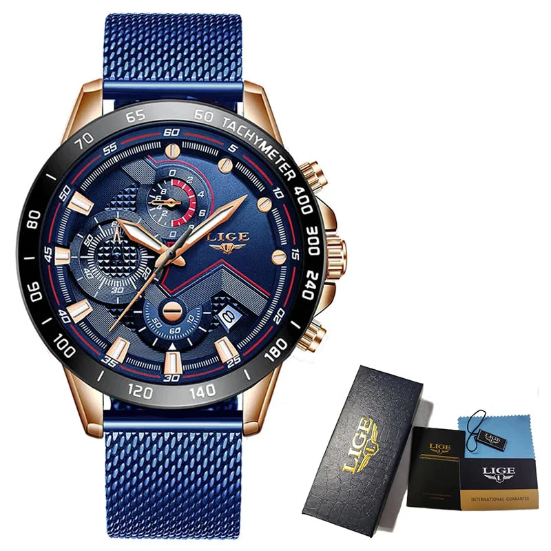 LIGE - Reloj de cuarzo de lujo para hombre, marca superior, moderno, de negocios, con correa de malla, resistente al agua, luminoso, cronógrafo