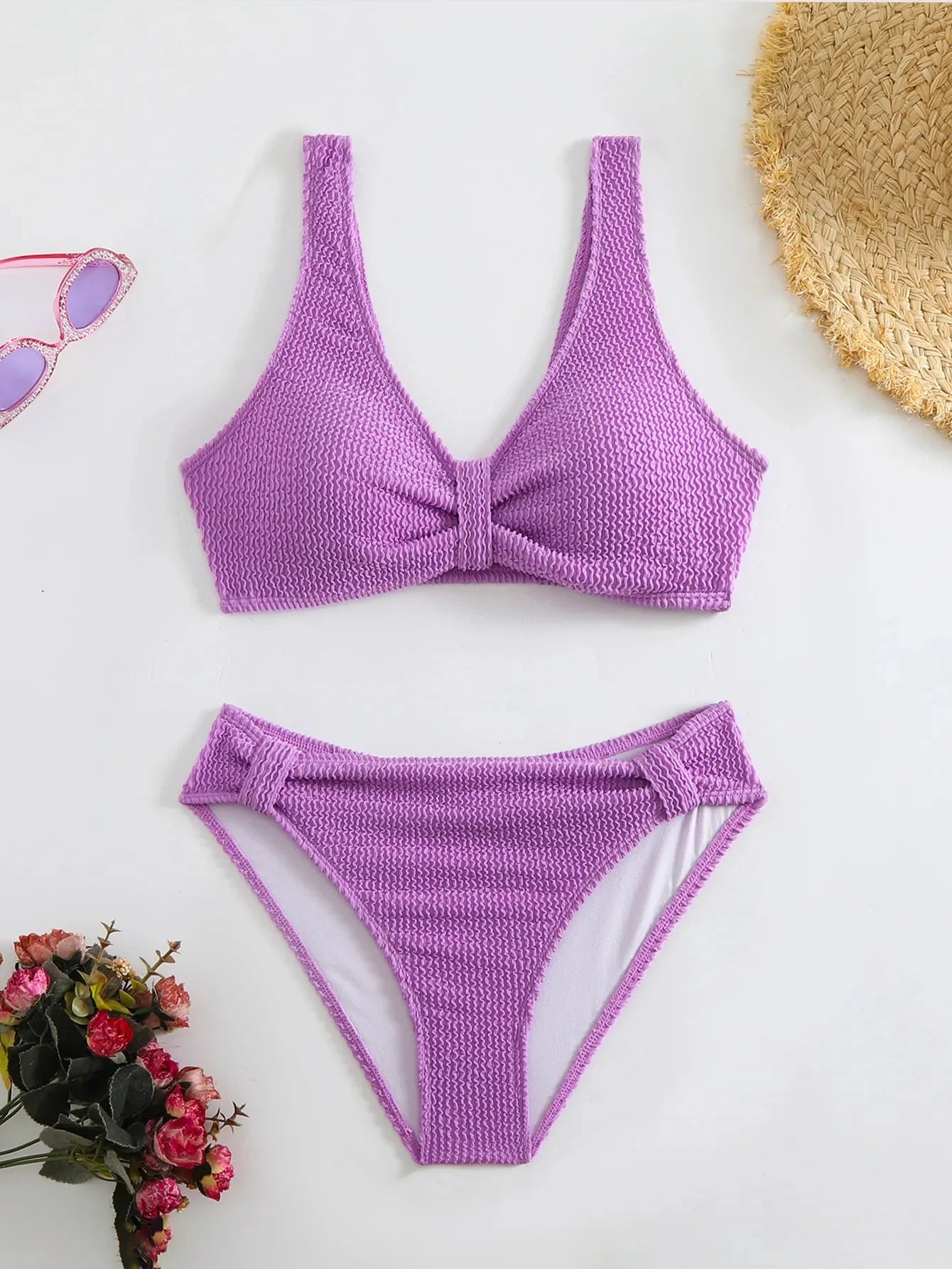 Nuevo traje de baño de dos piezas de bikini 2025, color puro, alta elasticidad, monocromático, ajuste cómodo, ropa de playa para mujer.