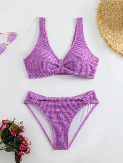 Nuevo traje de baño de dos piezas de bikini 2025, color puro, alta elasticidad, monocromático, ajuste cómodo, ropa de playa para mujer.