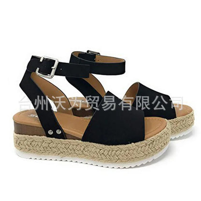 Sandalias de mujer de talla grande, estilo verano 2021, suela gruesa, diseño de hebilla y correa tejida, cómodas cuñas secas de EVA, sandalias romanas