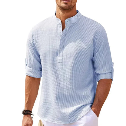 Camisas de manga larga de algodón y lino para hombre, de gran oferta, para primavera y otoño, de color liso, con cuello alto, estilo playero informal, tallas grandes S-5XL