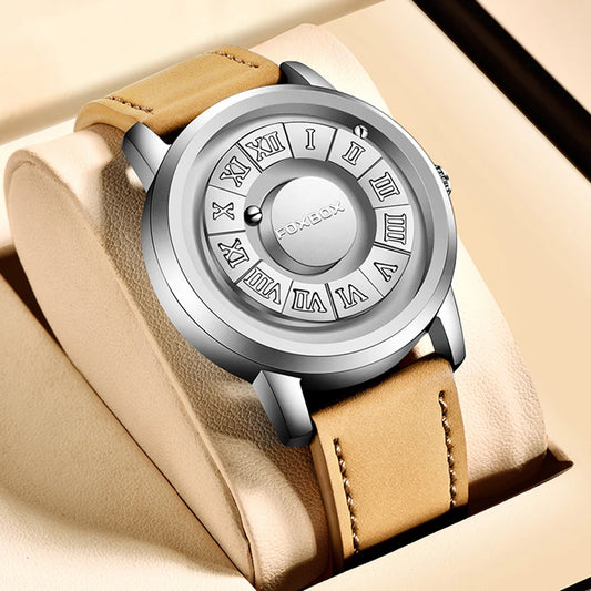 Relojes FOXBOX para hombre, marca de lujo, de cuero, resistente al agua, reloj de pulsera de cuarzo con puntero de desplazamiento y fuerza magnética.