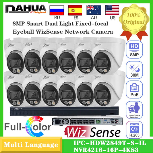 Kit original Dahua de 12 cámaras de vigilancia IP a color Dahua IPC-HDW2849T-S-IL de 8 MP con PoE, micrófono integrado, doble iluminación y función domo de red.