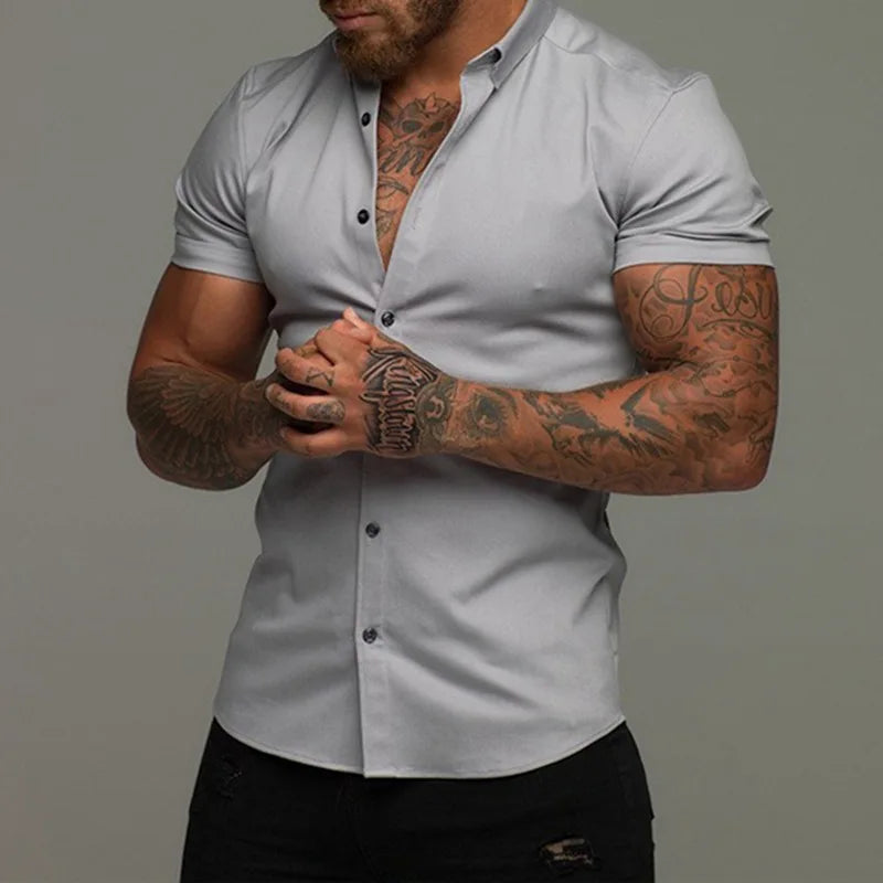 Camisas de vestir ajustadas para hombre, estilo casual de verano, con cuello vuelto, manga corta y botones LXDZ-110