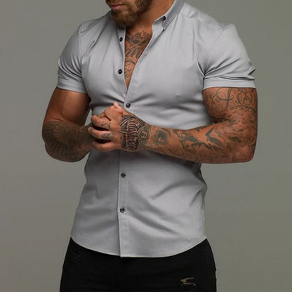 Camisas de vestir ajustadas para hombre, estilo casual de verano, con cuello vuelto, manga corta y botones LXDZ-110