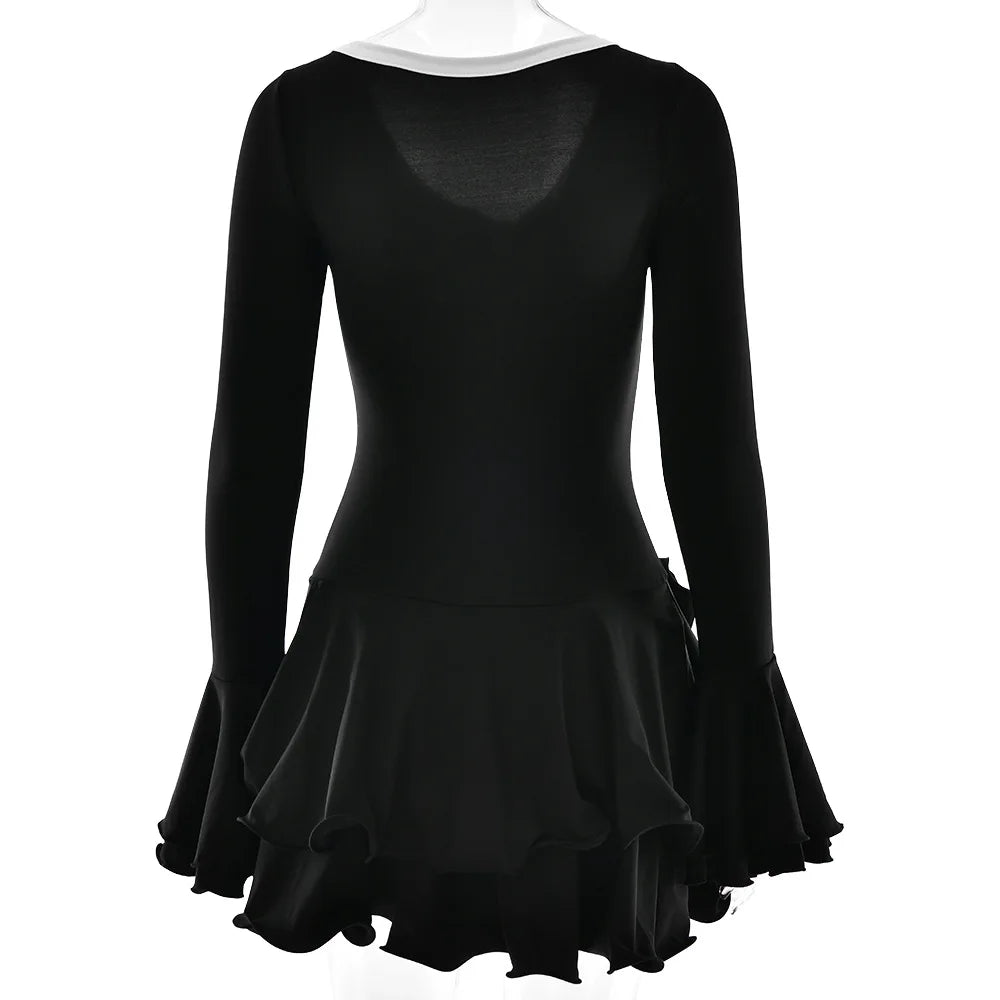 Vestido corto de mujer con volantes, patchwork blanco y negro, manga larga acampanada, encaje y cordones, para fiesta, noche, mini vestido, azul, rosa, rojo.