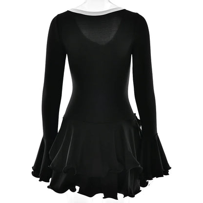 Vestido corto de mujer con volantes, patchwork blanco y negro, manga larga acampanada, encaje y cordones, para fiesta, noche, mini vestido, azul, rosa, rojo.